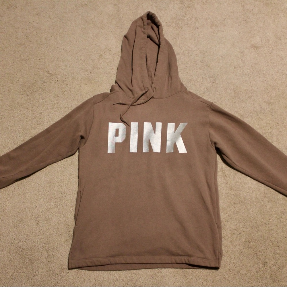 PINK Victoria's Secret Brown Hoodie with Silver Logo
